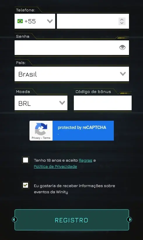 Winity Formulário de Registro Winity Formulário de Registro