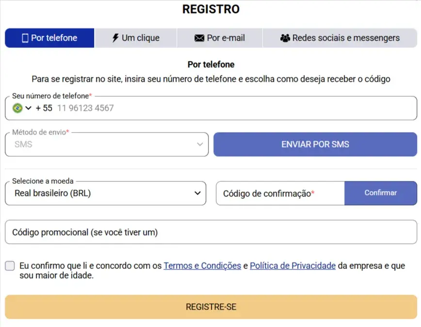SapphireBet Cassino Formulário de Cadastro