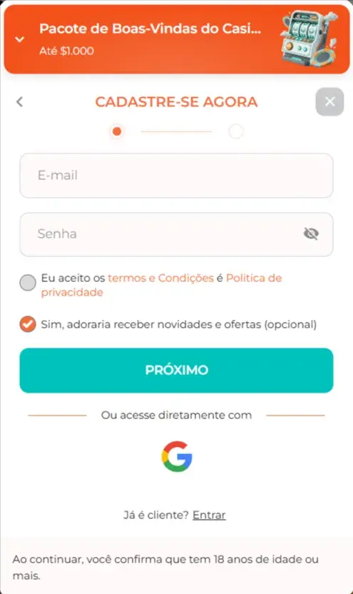 Spininio Cassino Formulário de Cadastro