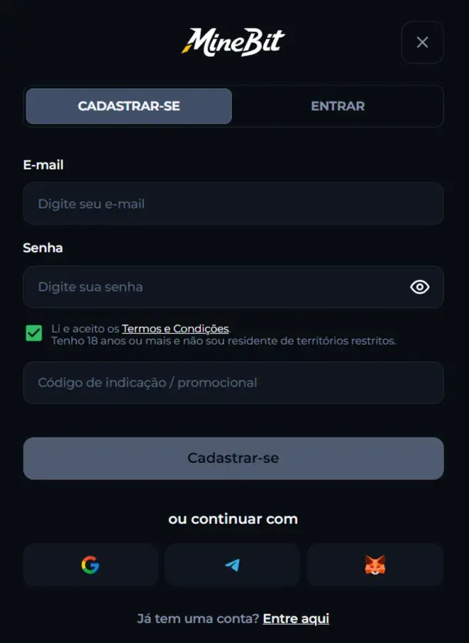 MineBit Cassino Formulário de Cadastro MineBit Cassino Formulário de Cadastro