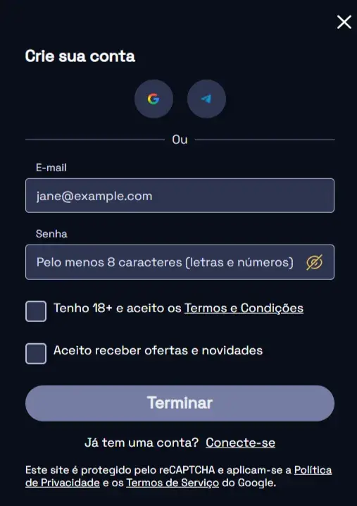 SpinCrypto Cassino Formulário de Cadastro